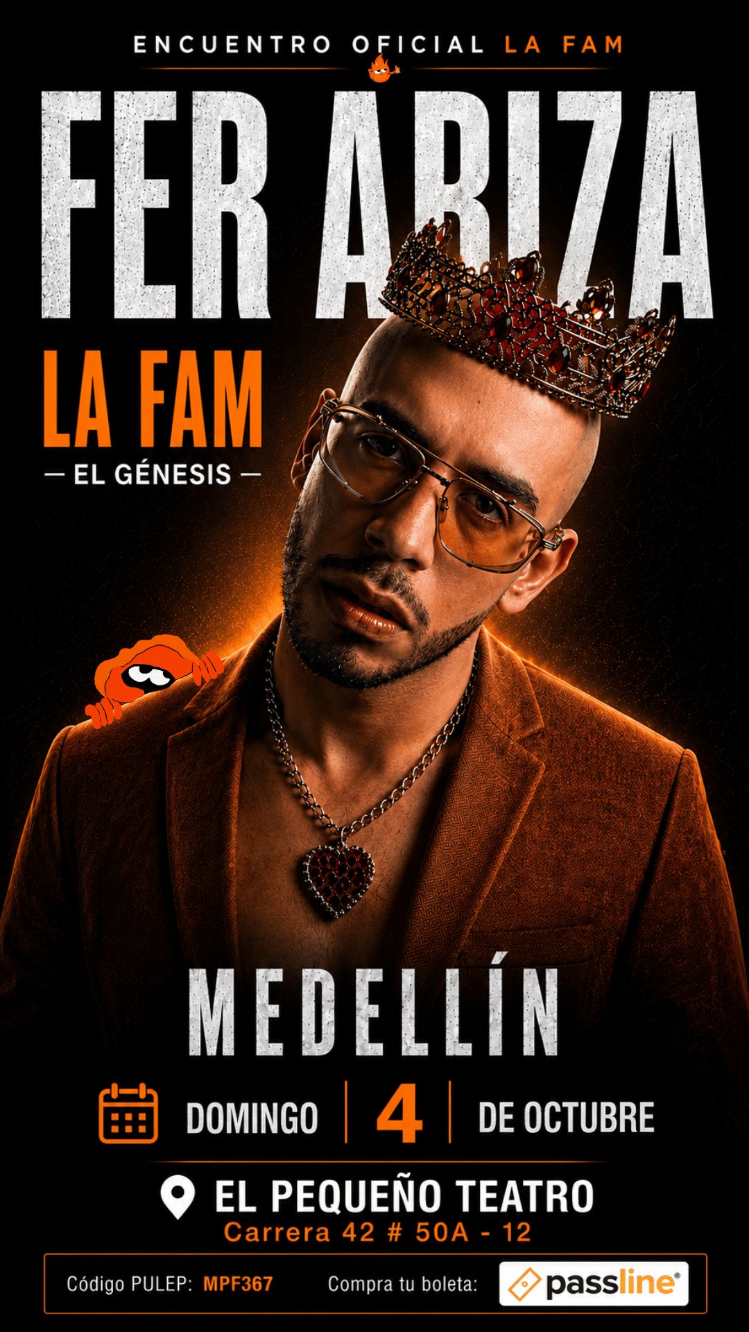 Cartel oficial — LA FAM El Génesis Medellín — Fer Ariza — El Pequeño Teatro — Domingo 4 de octubre 6:00 PM